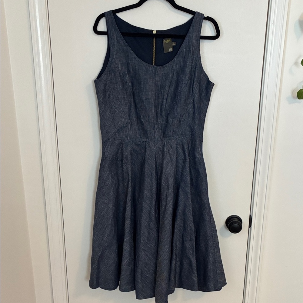 Taylor Dark Blue Denim Linen Fit and Flare Dress Size 12